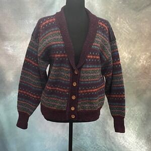 Components by Susan Bristol Vintage Wool Fair Isle Shawl Cardigan Plum Womens L
